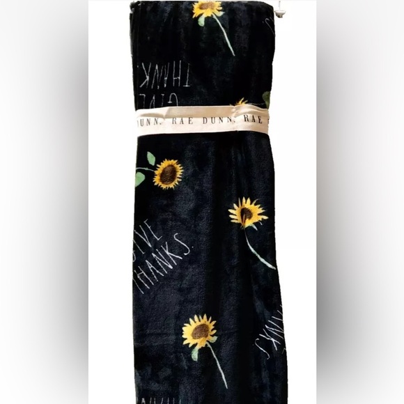 Rae Dunn Other - NWT Rae Dunn Give Thanks Soft Plush Throw Blanket 50x70 Black/Sunflower